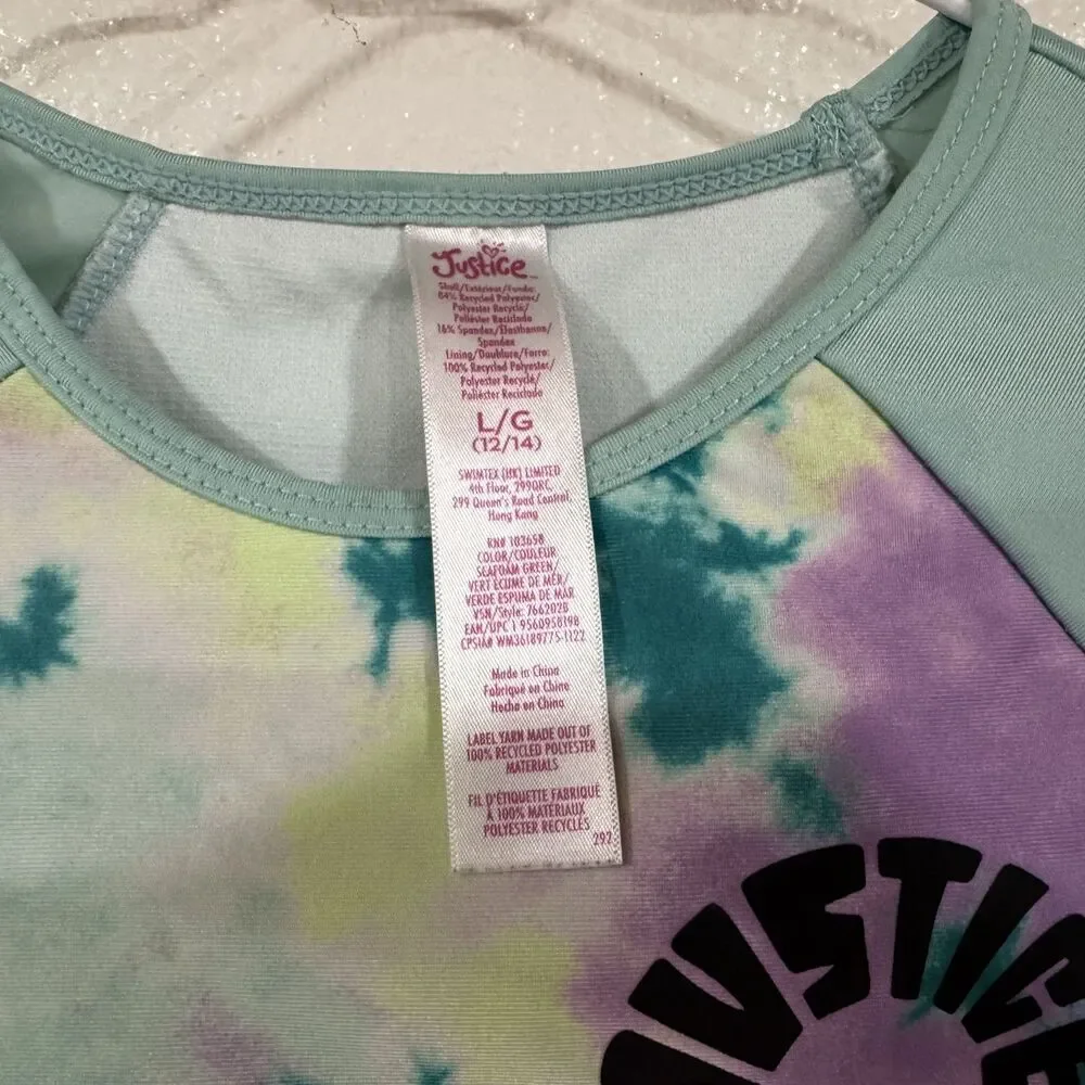 Justice Surf Rash Guard Swimsuit Girls Large 12 14 Tie Dye Long Sleeve Swim Set